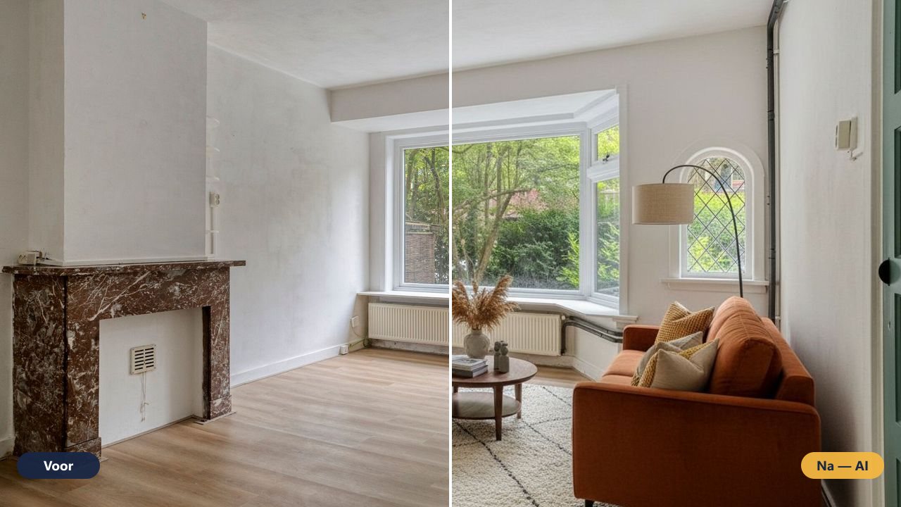 Voor en na: dezelfde lege woonkamer, rechts virtueel ingericht (AI-impressie)