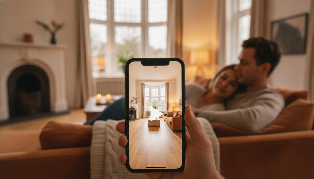Stel bekijkt een woningvideo op een telefoon in de woonkamer
