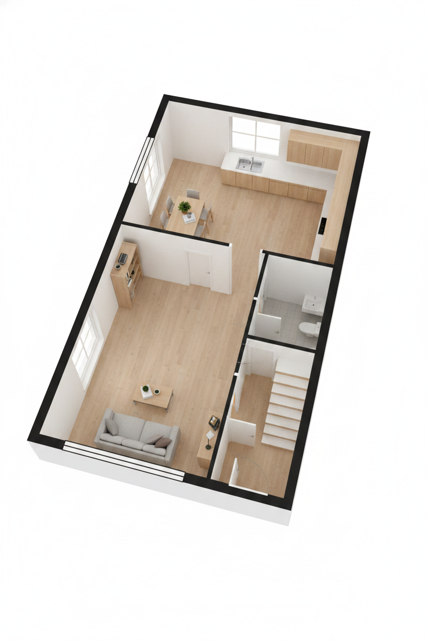 3D-overzicht van een begane grond, gemaakt vanaf de 2D-plattegrond