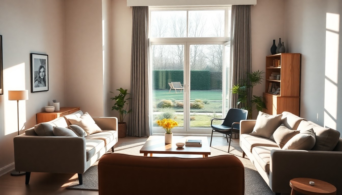 Verkoopklare woonkamer bij ochtendlicht geeft idee hoeveel fotos woningadvertentie.