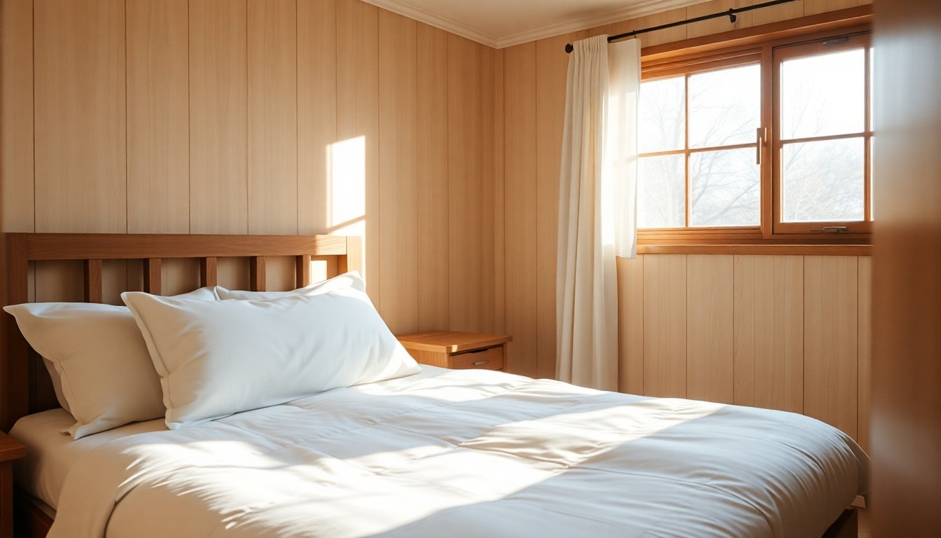 Gastenkamer met ochtendlicht en regels bewerkte woningfotos benadrukt.